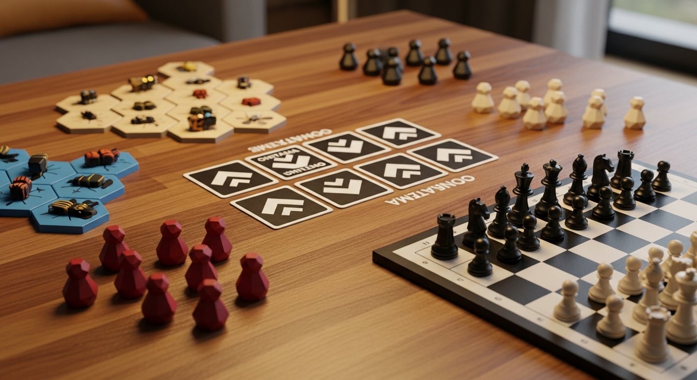 A variety of modern board games like Chess displayed on a wooden table
